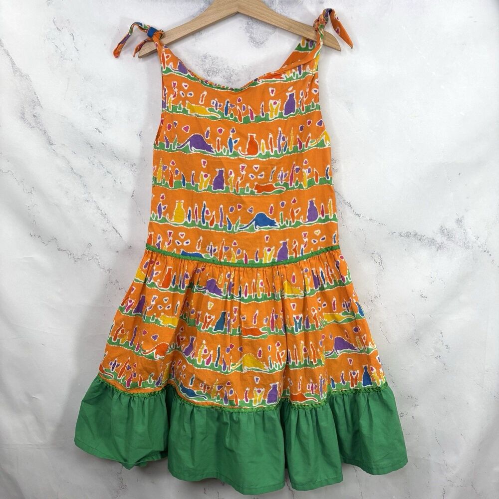 Vintage Girls Cat Dress Batik Print Sundress 5 S Tie Shoulder Ruffle Hem boho